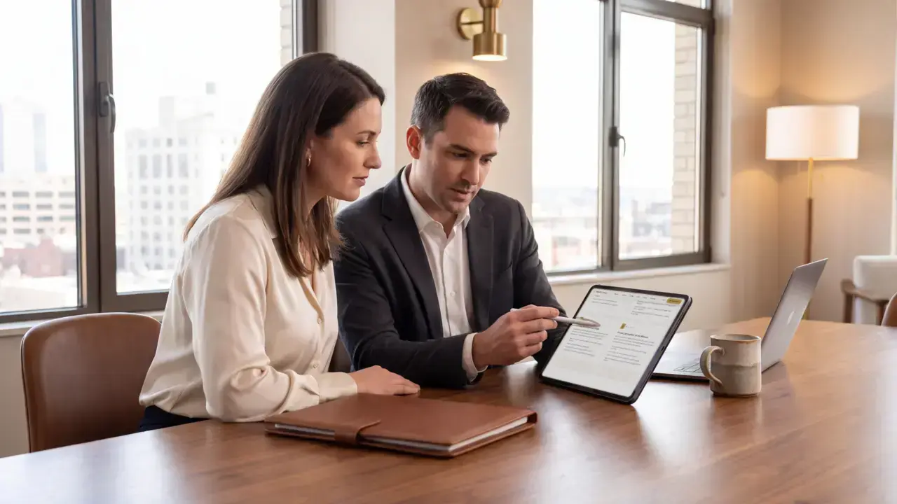 Finance and operations colleagues reviewing a carrier statement on a tablet