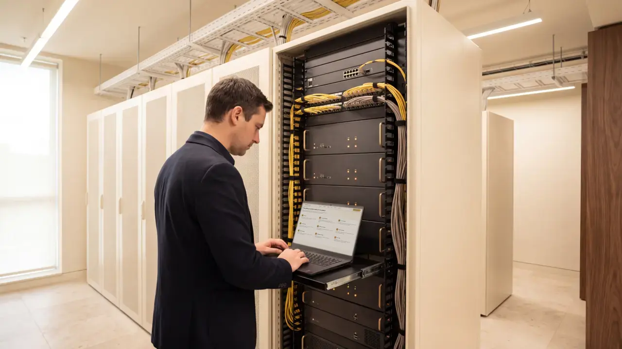 A network engineer checking live traffic at an open rack of carrier switching equipment